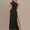 Formal & Evening | Sheath/Column Cold Shoulder One Shoulder Floor-Length Chiffon Evening Dress With Cascading Ruffles Black – Womens