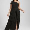 Formal & Evening | Sheath/Column Cold Shoulder One Shoulder Floor-Length Chiffon Evening Dress With Cascading Ruffles Black – Womens