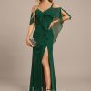 Formal & Evening | Sheath/Column Cold Shoulder V-Neck Floor-Length Chiffon Evening Dress With Cascading Ruffles Sequins Beading Dark Green – Womens