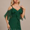 Formal & Evening | Sheath/Column Cold Shoulder V-Neck Floor-Length Chiffon Evening Dress With Cascading Ruffles Sequins Beading Dark Green – Womens