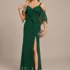 Formal & Evening | Sheath/Column Cold Shoulder V-Neck Floor-Length Chiffon Evening Dress With Cascading Ruffles Sequins Beading Dark Green – Womens