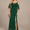 Formal & Evening | Sheath/Column Cold Shoulder V-Neck Floor-Length Chiffon Evening Dress With Cascading Ruffles Sequins Beading Dark Green – Womens