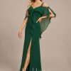 Formal & Evening | Sheath/Column Cold Shoulder V-Neck Floor-Length Chiffon Evening Dress With Cascading Ruffles Sequins Beading Dark Green – Womens