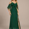 Formal & Evening | Sheath/Column Cold Shoulder V-Neck Floor-Length Chiffon Evening Dress With Cascading Ruffles Sequins Beading Dark Green – Womens