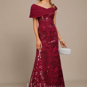 Formal & Evening | Sheath/Column Off the Shoulder Floor-Length Sequin Chiffon Evening Dress With Pleated Burgundy – Womens