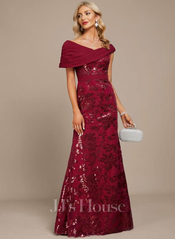 Formal & Evening | Sheath/Column Off the Shoulder Floor-Length Sequin Chiffon Evening Dress With Pleated Burgundy – Womens