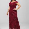 Formal & Evening | Sheath/Column Off the Shoulder Floor-Length Sequin Chiffon Evening Dress With Pleated Burgundy – Womens