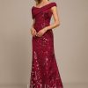 Formal & Evening | Sheath/Column Off the Shoulder Floor-Length Sequin Chiffon Evening Dress With Pleated Burgundy – Womens