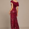 Formal & Evening | Sheath/Column Off the Shoulder Floor-Length Sequin Chiffon Evening Dress With Pleated Burgundy – Womens