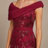 Formal & Evening | Sheath/Column Off the Shoulder Floor-Length Sequin Chiffon Evening Dress With Pleated Burgundy – Womens