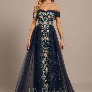 Formal & Evening | Sheath/Column Off the Shoulder Floor-Length Tulle Lace Evening Dress As Picture – Womens