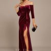 Formal & Evening | Sheath/Column Off the Shoulder Floor-Length Velvet Evening Dress With Cascading Ruffles Cabernet – Womens