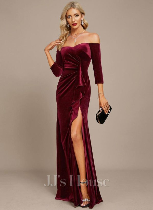 Formal & Evening | Sheath/Column Off the Shoulder Floor-Length Velvet Evening Dress With Cascading Ruffles Cabernet – Womens