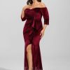 Formal & Evening | Sheath/Column Off the Shoulder Floor-Length Velvet Evening Dress With Cascading Ruffles Cabernet – Womens