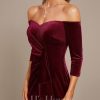 Formal & Evening | Sheath/Column Off the Shoulder Floor-Length Velvet Evening Dress With Cascading Ruffles Cabernet – Womens