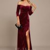 Formal & Evening | Sheath/Column Off the Shoulder Floor-Length Velvet Evening Dress With Cascading Ruffles Cabernet – Womens