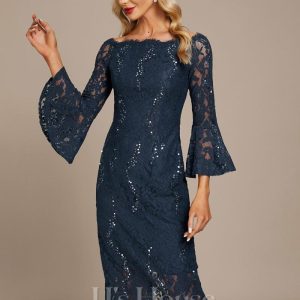 Formal & Evening | Sheath/Column Off the Shoulder Knee-Length Lace Evening Dress With Sequins Dark Navy – Womens