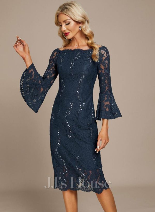 Formal & Evening | Sheath/Column Off the Shoulder Knee-Length Lace Evening Dress With Sequins Dark Navy – Womens