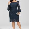 Formal & Evening | Sheath/Column Off the Shoulder Knee-Length Lace Evening Dress With Sequins Dark Navy – Womens