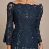 Formal & Evening | Sheath/Column Off the Shoulder Knee-Length Lace Evening Dress With Sequins Dark Navy – Womens