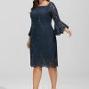 Formal & Evening | Sheath/Column Off the Shoulder Knee-Length Lace Evening Dress With Sequins Dark Navy – Womens