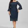 Formal & Evening | Sheath/Column Off the Shoulder Knee-Length Lace Evening Dress With Sequins Dark Navy – Womens