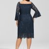 Formal & Evening | Sheath/Column Off the Shoulder Knee-Length Lace Evening Dress With Sequins Dark Navy – Womens