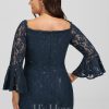 Formal & Evening | Sheath/Column Off the Shoulder Knee-Length Lace Evening Dress With Sequins Dark Navy – Womens