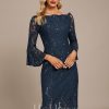 Formal & Evening | Sheath/Column Off the Shoulder Knee-Length Lace Evening Dress With Sequins Dark Navy – Womens