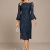 Formal & Evening | Sheath/Column Off the Shoulder Knee-Length Lace Evening Dress With Sequins Dark Navy – Womens