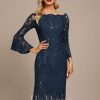 Formal & Evening | Sheath/Column Off the Shoulder Knee-Length Lace Evening Dress With Sequins Dark Navy – Womens