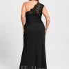 Formal & Evening | Sheath/Column One Shoulder Floor-Length Jersey Lace Evening Dress With Pleated Black – Womens