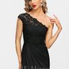 Formal & Evening | Sheath/Column One Shoulder Floor-Length Jersey Lace Evening Dress With Pleated Black – Womens