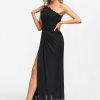 Formal & Evening | Sheath/Column One Shoulder Floor-Length Jersey Lace Evening Dress With Pleated Black – Womens