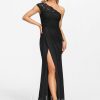 Formal & Evening | Sheath/Column One Shoulder Floor-Length Jersey Lace Evening Dress With Pleated Black – Womens