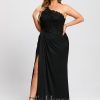 Formal & Evening | Sheath/Column One Shoulder Floor-Length Jersey Lace Evening Dress With Pleated Black – Womens