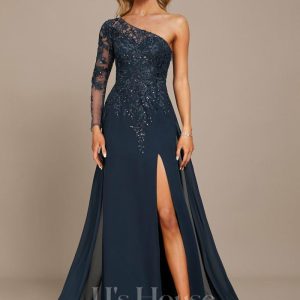 Formal & Evening | Sheath/Column One Shoulder Floor-Length Lace Chiffon Evening Dress With Sequins Dark Navy – Womens