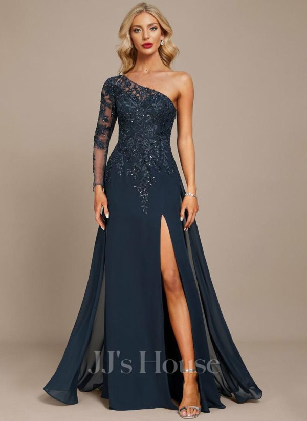 Formal & Evening | Sheath/Column One Shoulder Floor-Length Lace Chiffon Evening Dress With Sequins Dark Navy – Womens