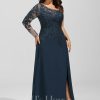 Formal & Evening | Sheath/Column One Shoulder Floor-Length Lace Chiffon Evening Dress With Sequins Dark Navy – Womens