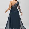 Formal & Evening | Sheath/Column One Shoulder Floor-Length Lace Chiffon Evening Dress With Sequins Dark Navy – Womens