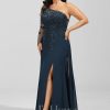 Formal & Evening | Sheath/Column One Shoulder Floor-Length Lace Chiffon Evening Dress With Sequins Dark Navy – Womens