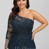 Formal & Evening | Sheath/Column One Shoulder Floor-Length Lace Chiffon Evening Dress With Sequins Dark Navy – Womens