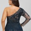 Formal & Evening | Sheath/Column One Shoulder Floor-Length Lace Chiffon Evening Dress With Sequins Dark Navy – Womens