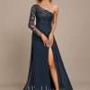 Formal & Evening | Sheath/Column One Shoulder Floor-Length Lace Chiffon Evening Dress With Sequins Dark Navy – Womens