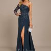 Formal & Evening | Sheath/Column One Shoulder Floor-Length Lace Chiffon Evening Dress With Sequins Dark Navy – Womens