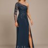 Formal & Evening | Sheath/Column One Shoulder Floor-Length Lace Chiffon Evening Dress With Sequins Dark Navy – Womens