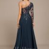 Formal & Evening | Sheath/Column One Shoulder Floor-Length Lace Chiffon Evening Dress With Sequins Dark Navy – Womens