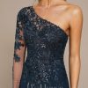 Formal & Evening | Sheath/Column One Shoulder Floor-Length Lace Chiffon Evening Dress With Sequins Dark Navy – Womens