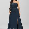 Formal & Evening | Sheath/Column One Shoulder Floor-Length Lace Chiffon Evening Dress With Sequins Dark Navy – Womens