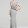 Formal & Evening | Sheath/Column Scoop Floor-Length Chiffon Lace Evening Dress With Pleated Sequins Beading Silver – Womens